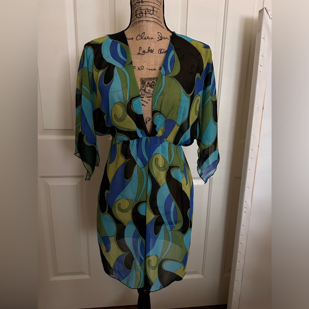 Bisou Bisou tunic kimono dress Women's XS Geometric Colorful Vibrant Coverup